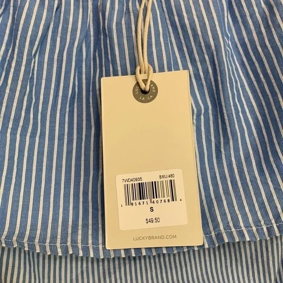 Lucky NWT Blue White Striped Ruffle Off Shoulder 100% Cotton Flounce Boxy Top S - Picture 6 of 12